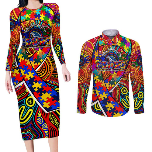 Autism Awareness Australia Adelaide Crows Couples Matching Long Sleeve Bodycon Dress and Long Sleeve Button Shirt Aboriginal Indigenous Art