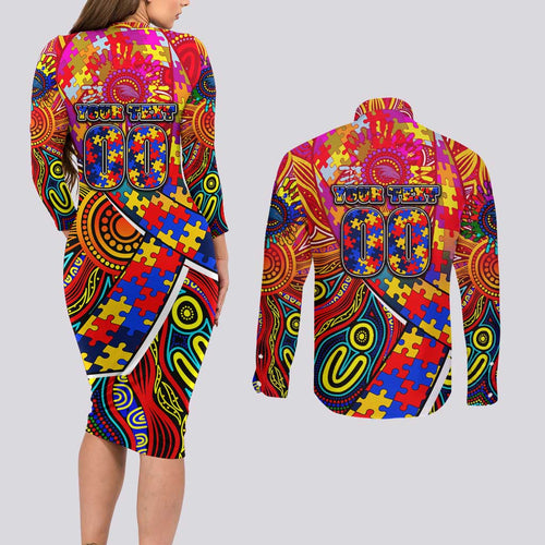 Autism Awareness Australia Adelaide Crows Couples Matching Long Sleeve Bodycon Dress and Long Sleeve Button Shirt Aboriginal Indigenous Art