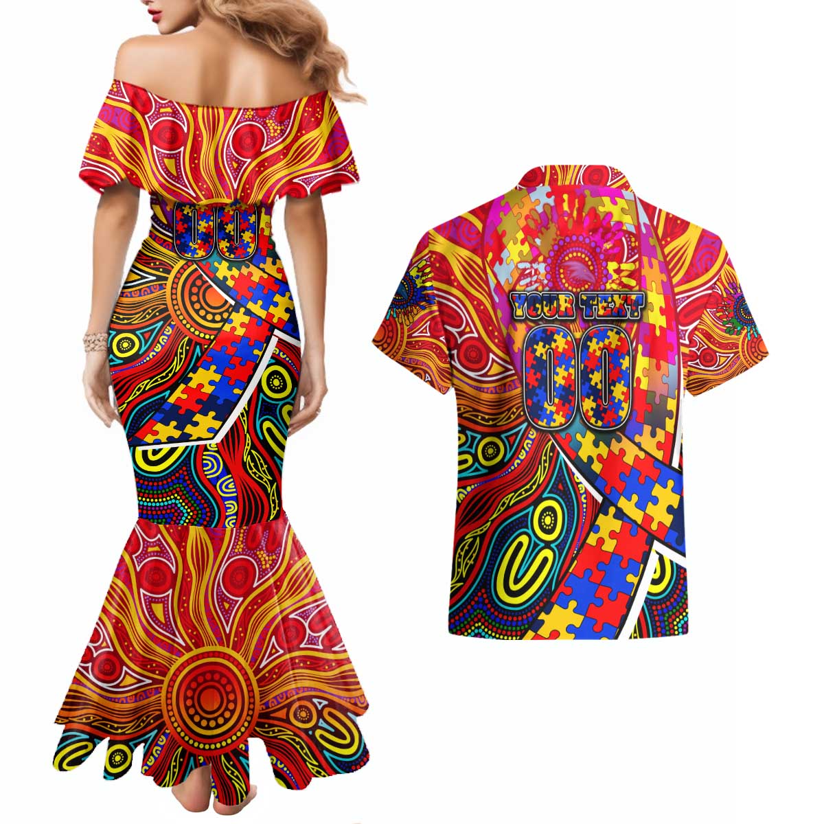 Autism Awareness Australia Adelaide Crows Couples Matching Mermaid Dress and Hawaiian Shirt Aboriginal Indigenous Art
