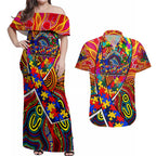 Autism Awareness Australia Adelaide Crows Couples Matching Off Shoulder Maxi Dress and Hawaiian Shirt Aboriginal Indigenous Art