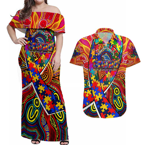 Autism Awareness Australia Adelaide Crows Couples Matching Off Shoulder Maxi Dress and Hawaiian Shirt Aboriginal Indigenous Art