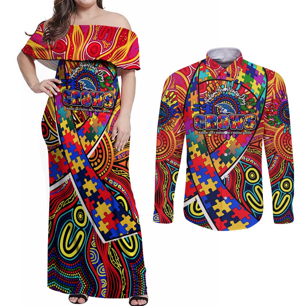 Autism Awareness Australia Adelaide Crows Couples Matching Off Shoulder Maxi Dress and Long Sleeve Button Shirt Aboriginal Indigenous Art