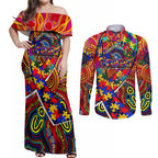 Autism Awareness Australia Adelaide Crows Couples Matching Off Shoulder Maxi Dress and Long Sleeve Button Shirt Aboriginal Indigenous Art