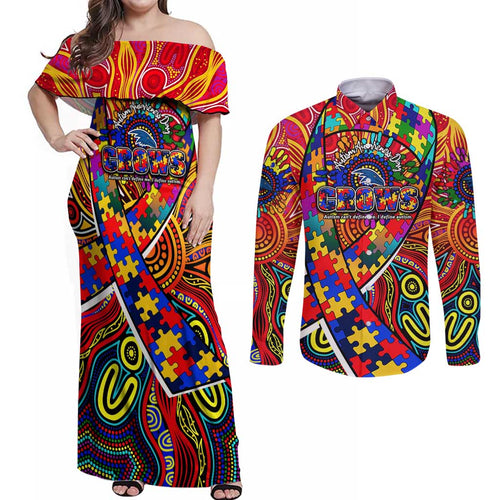 Autism Awareness Australia Adelaide Crows Couples Matching Off Shoulder Maxi Dress and Long Sleeve Button Shirt Aboriginal Indigenous Art