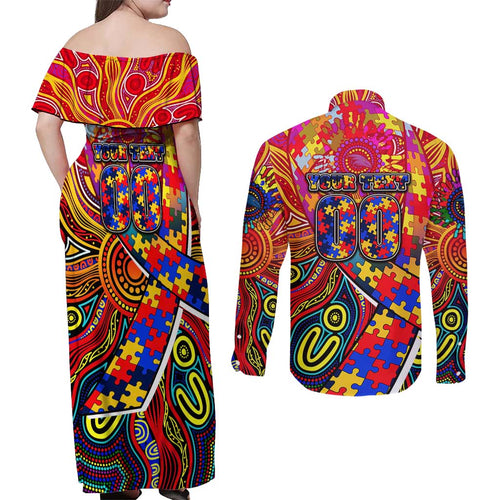Autism Awareness Australia Adelaide Crows Couples Matching Off Shoulder Maxi Dress and Long Sleeve Button Shirt Aboriginal Indigenous Art
