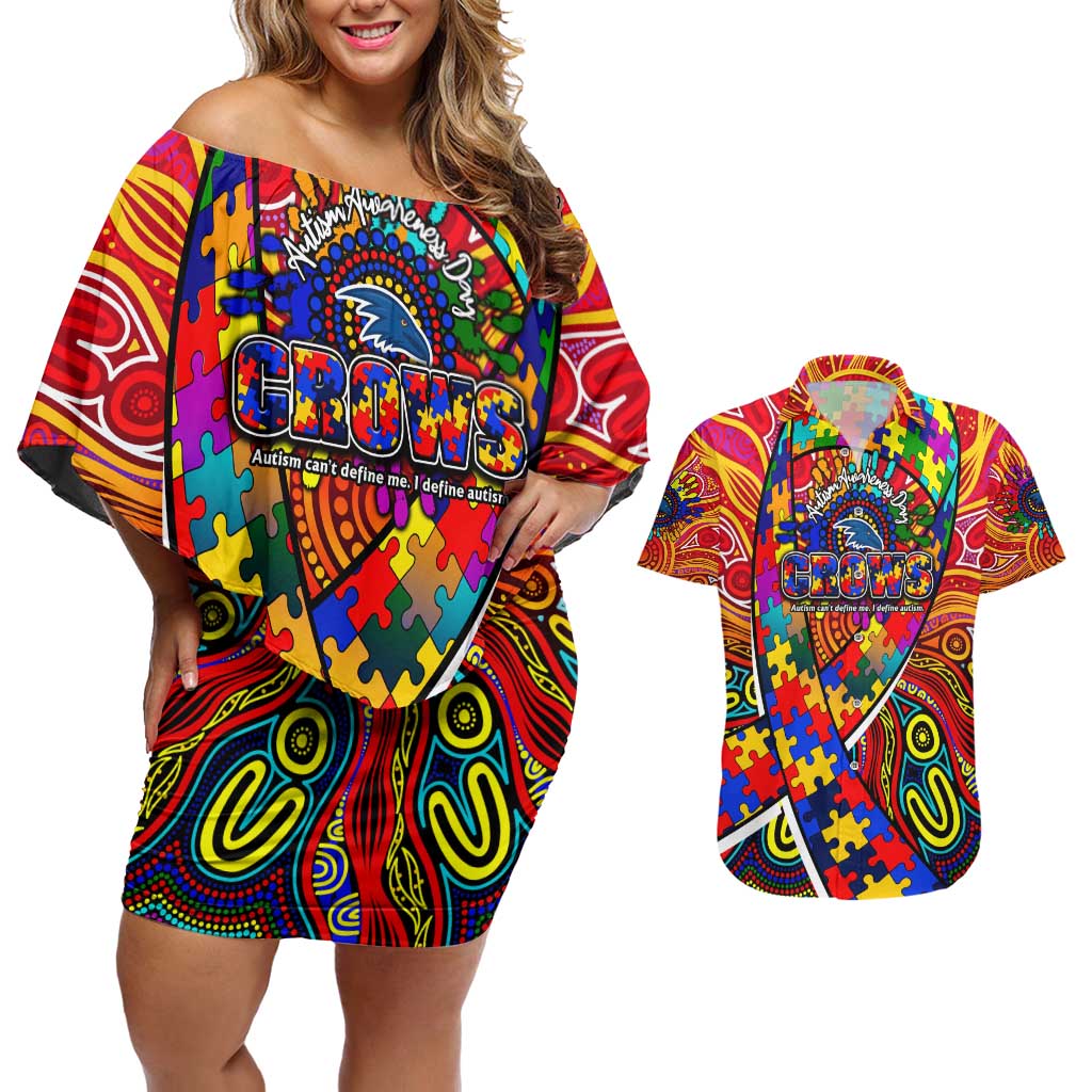 Autism Awareness Australia Adelaide Crows Couples Matching Off Shoulder Short Dress and Hawaiian Shirt Aboriginal Indigenous Art