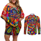 Autism Awareness Australia Adelaide Crows Couples Matching Off Shoulder Short Dress and Long Sleeve Button Shirt Aboriginal Indigenous Art