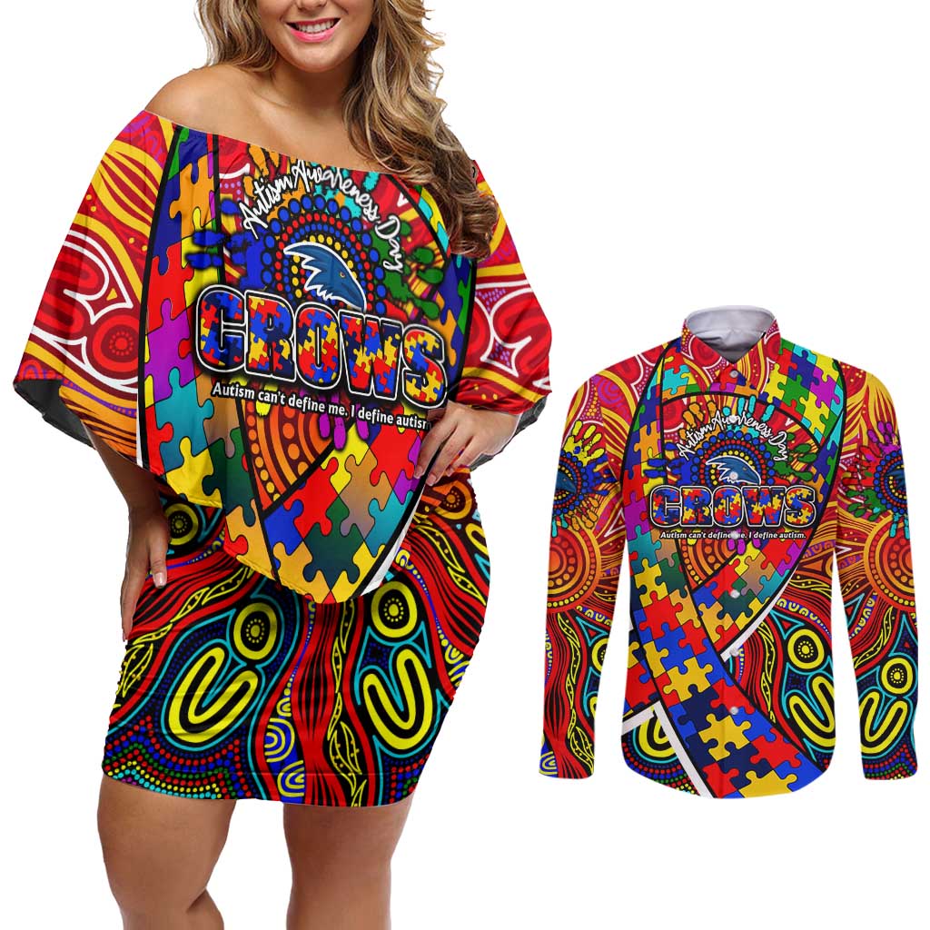Autism Awareness Australia Adelaide Crows Couples Matching Off Shoulder Short Dress and Long Sleeve Button Shirt Aboriginal Indigenous Art