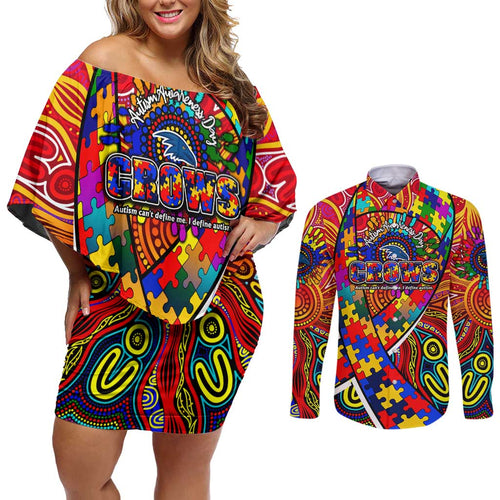 Autism Awareness Australia Adelaide Crows Couples Matching Off Shoulder Short Dress and Long Sleeve Button Shirt Aboriginal Indigenous Art