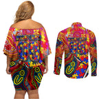 Autism Awareness Australia Adelaide Crows Couples Matching Off Shoulder Short Dress and Long Sleeve Button Shirt Aboriginal Indigenous Art