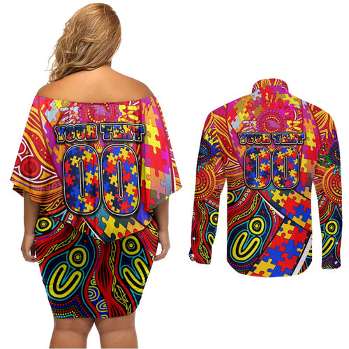 Autism Awareness Australia Adelaide Crows Couples Matching Off Shoulder Short Dress and Long Sleeve Button Shirt Aboriginal Indigenous Art
