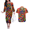 Autism Awareness Australia Adelaide Crows Couples Matching Off The Shoulder Long Sleeve Dress and Hawaiian Shirt Aboriginal Indigenous Art