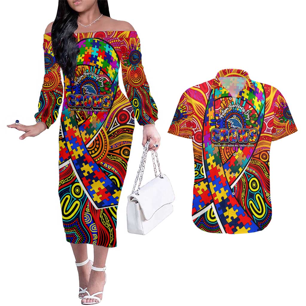 Autism Awareness Australia Adelaide Crows Couples Matching Off The Shoulder Long Sleeve Dress and Hawaiian Shirt Aboriginal Indigenous Art