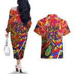 Autism Awareness Australia Adelaide Crows Couples Matching Off The Shoulder Long Sleeve Dress and Hawaiian Shirt Aboriginal Indigenous Art
