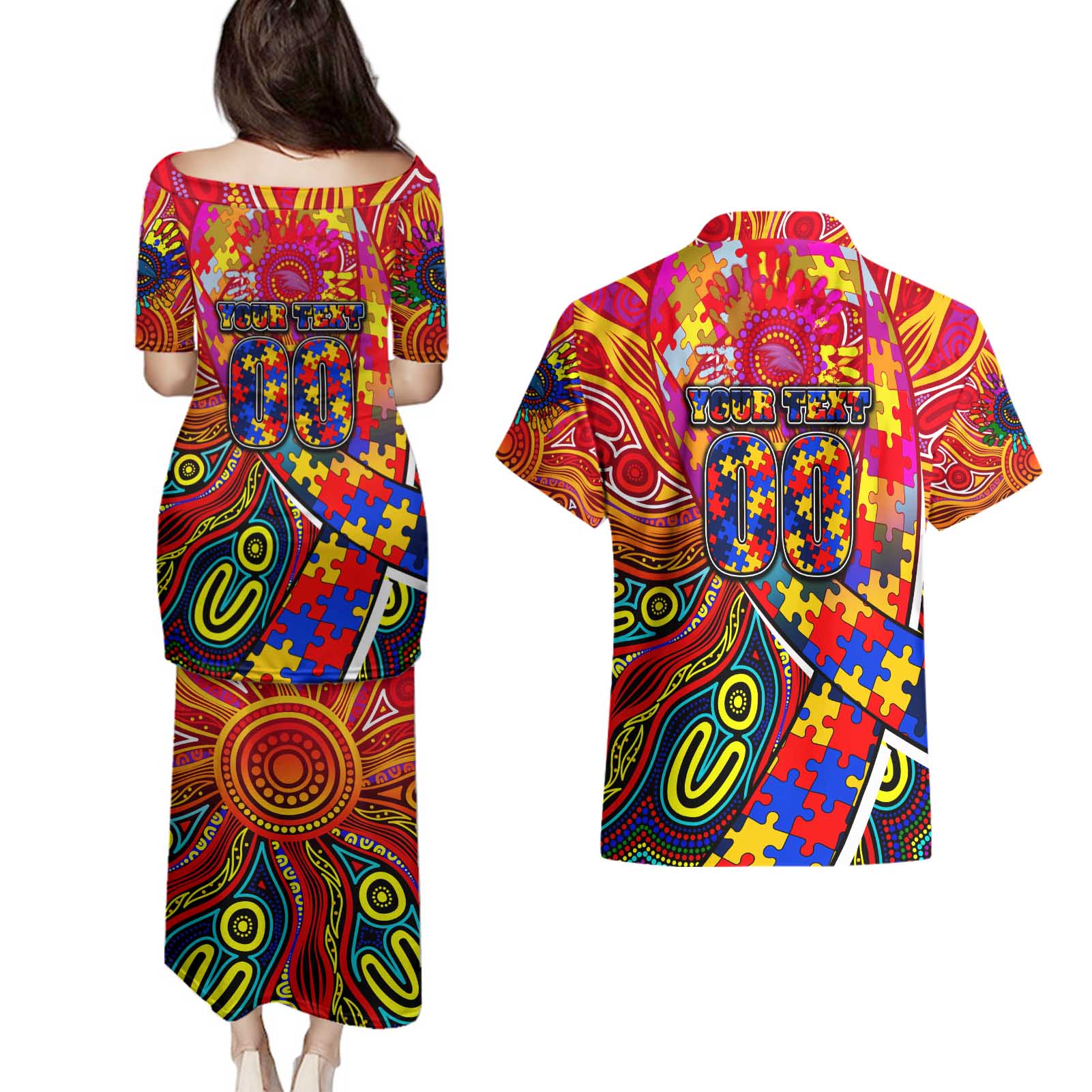 Autism Awareness Australia Adelaide Crows Couples Matching Puletasi and Hawaiian Shirt Aboriginal Indigenous Art