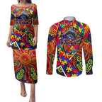 Autism Awareness Australia Adelaide Crows Couples Matching Puletasi and Long Sleeve Button Shirt Aboriginal Indigenous Art