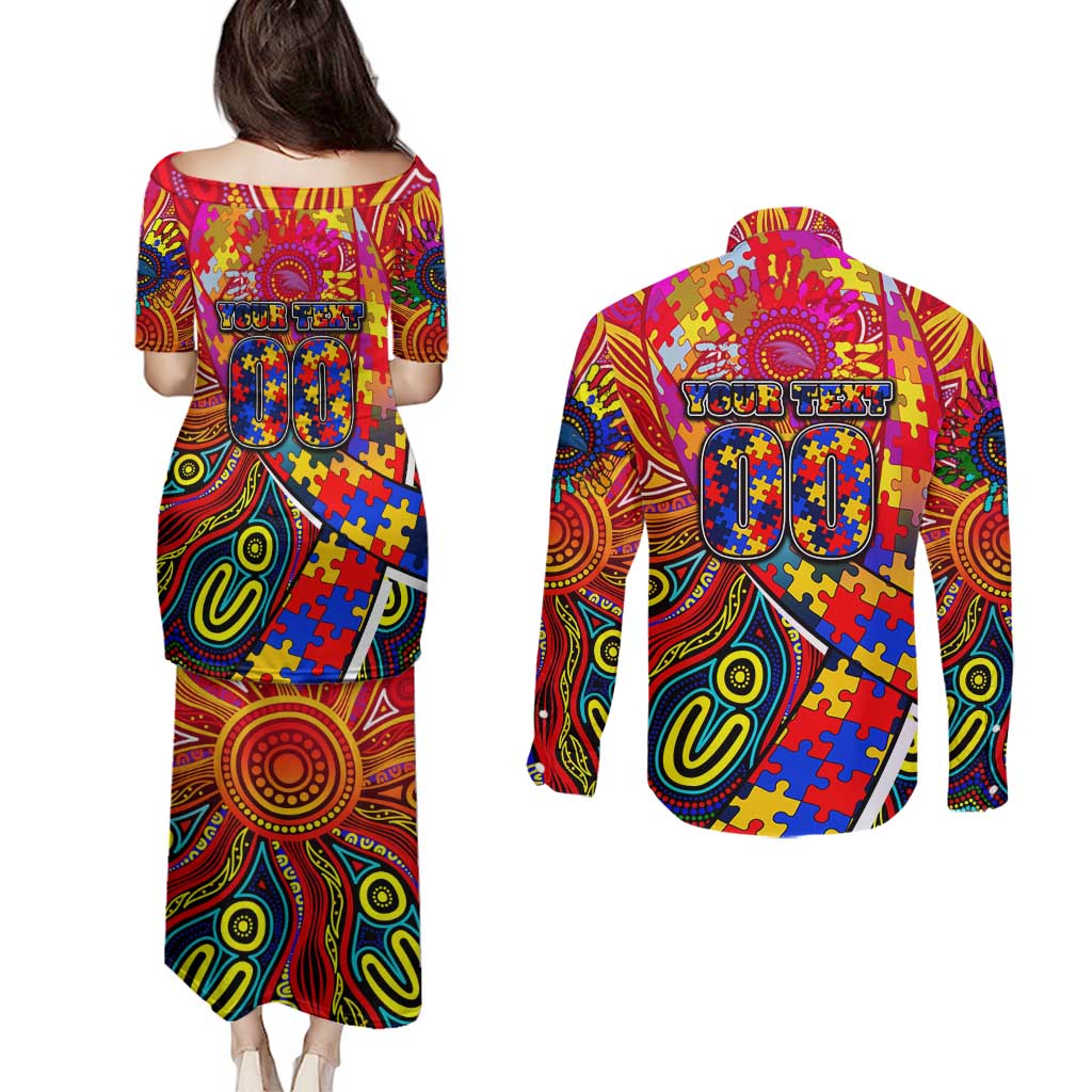 Autism Awareness Australia Adelaide Crows Couples Matching Puletasi and Long Sleeve Button Shirt Aboriginal Indigenous Art