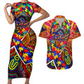 Autism Awareness Australia Adelaide Crows Couples Matching Short Sleeve Bodycon Dress and Hawaiian Shirt Aboriginal Indigenous Art