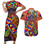 Autism Awareness Australia Adelaide Crows Couples Matching Short Sleeve Bodycon Dress and Hawaiian Shirt Aboriginal Indigenous Art