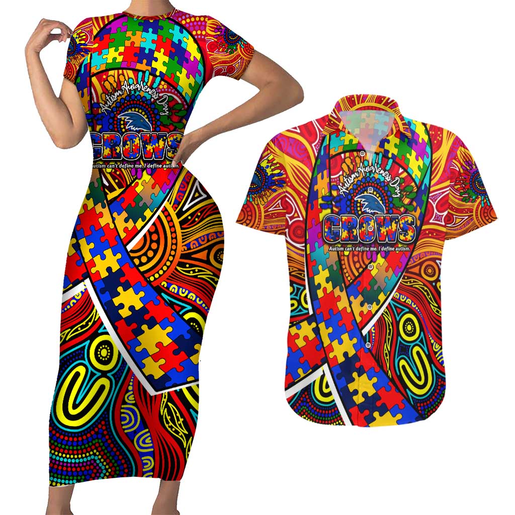 Autism Awareness Australia Adelaide Crows Couples Matching Short Sleeve Bodycon Dress and Hawaiian Shirt Aboriginal Indigenous Art