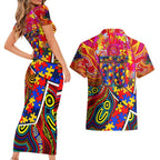 Autism Awareness Australia Adelaide Crows Couples Matching Short Sleeve Bodycon Dress and Hawaiian Shirt Aboriginal Indigenous Art