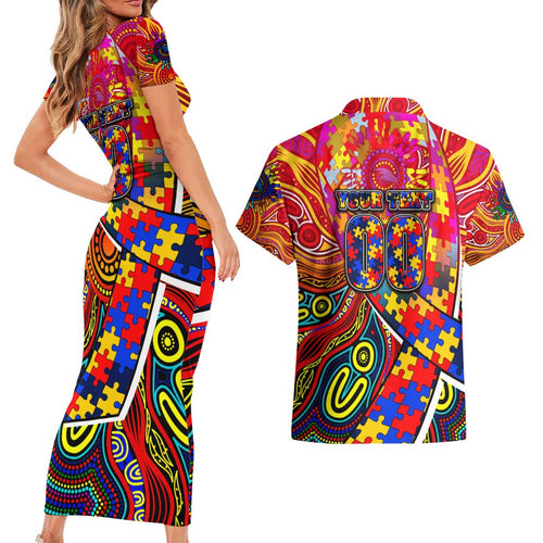 Autism Awareness Australia Adelaide Crows Couples Matching Short Sleeve Bodycon Dress and Hawaiian Shirt Aboriginal Indigenous Art