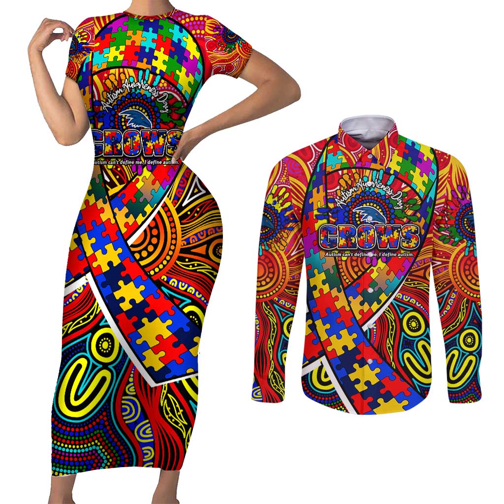 Autism Awareness Australia Adelaide Crows Couples Matching Short Sleeve Bodycon Dress and Long Sleeve Button Shirt Aboriginal Indigenous Art