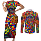 Autism Awareness Australia Adelaide Crows Couples Matching Short Sleeve Bodycon Dress and Long Sleeve Button Shirt Aboriginal Indigenous Art
