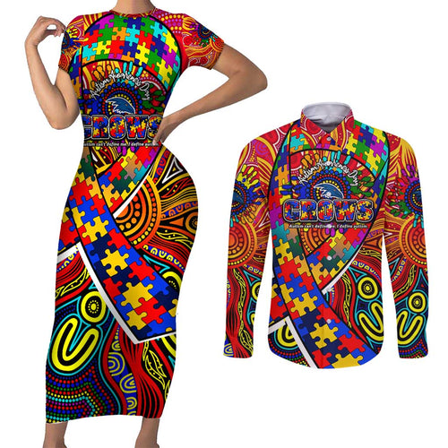 Autism Awareness Australia Adelaide Crows Couples Matching Short Sleeve Bodycon Dress and Long Sleeve Button Shirt Aboriginal Indigenous Art