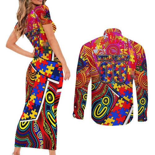 Autism Awareness Australia Adelaide Crows Couples Matching Short Sleeve Bodycon Dress and Long Sleeve Button Shirt Aboriginal Indigenous Art