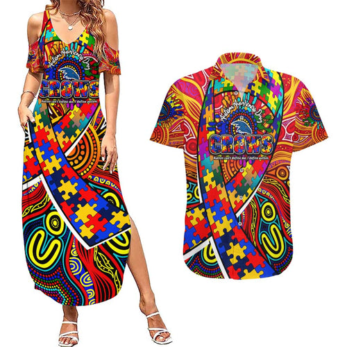 Autism Awareness Australia Adelaide Crows Couples Matching Summer Maxi Dress and Hawaiian Shirt Aboriginal Indigenous Art