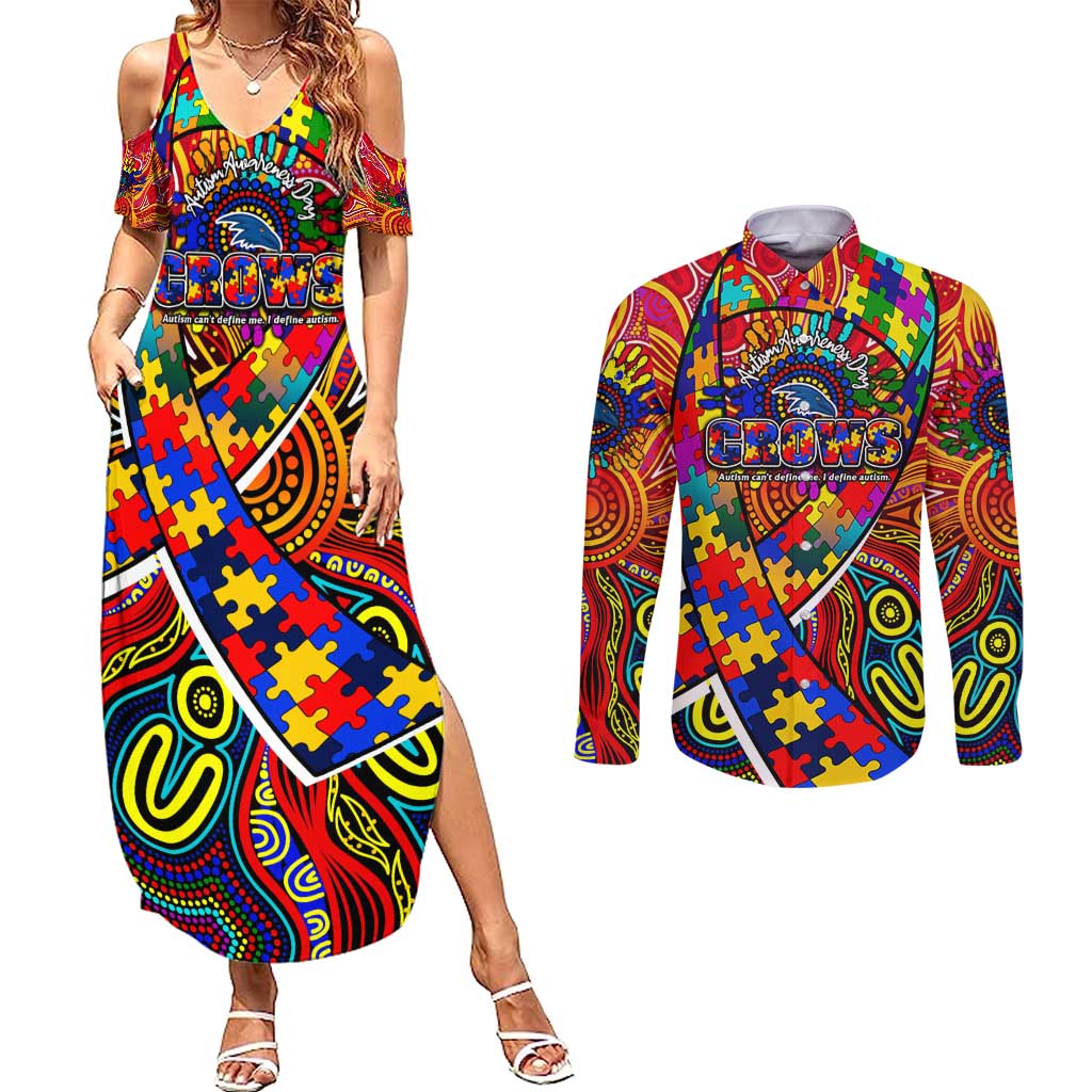 Autism Awareness Australia Adelaide Crows Couples Matching Summer Maxi Dress and Long Sleeve Button Shirt Aboriginal Indigenous Art