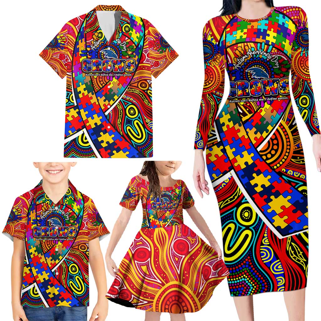 Autism Awareness Australia Adelaide Crows Family Matching Long Sleeve Bodycon Dress and Hawaiian Shirt Aboriginal Indigenous Art