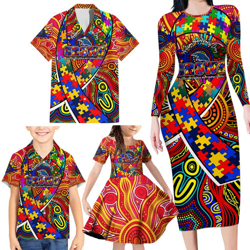 Autism Awareness Australia Adelaide Crows Family Matching Long Sleeve Bodycon Dress and Hawaiian Shirt Aboriginal Indigenous Art