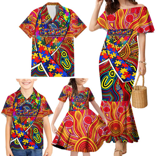 Autism Awareness Australia Adelaide Crows Family Matching Mermaid Dress and Hawaiian Shirt Aboriginal Indigenous Art