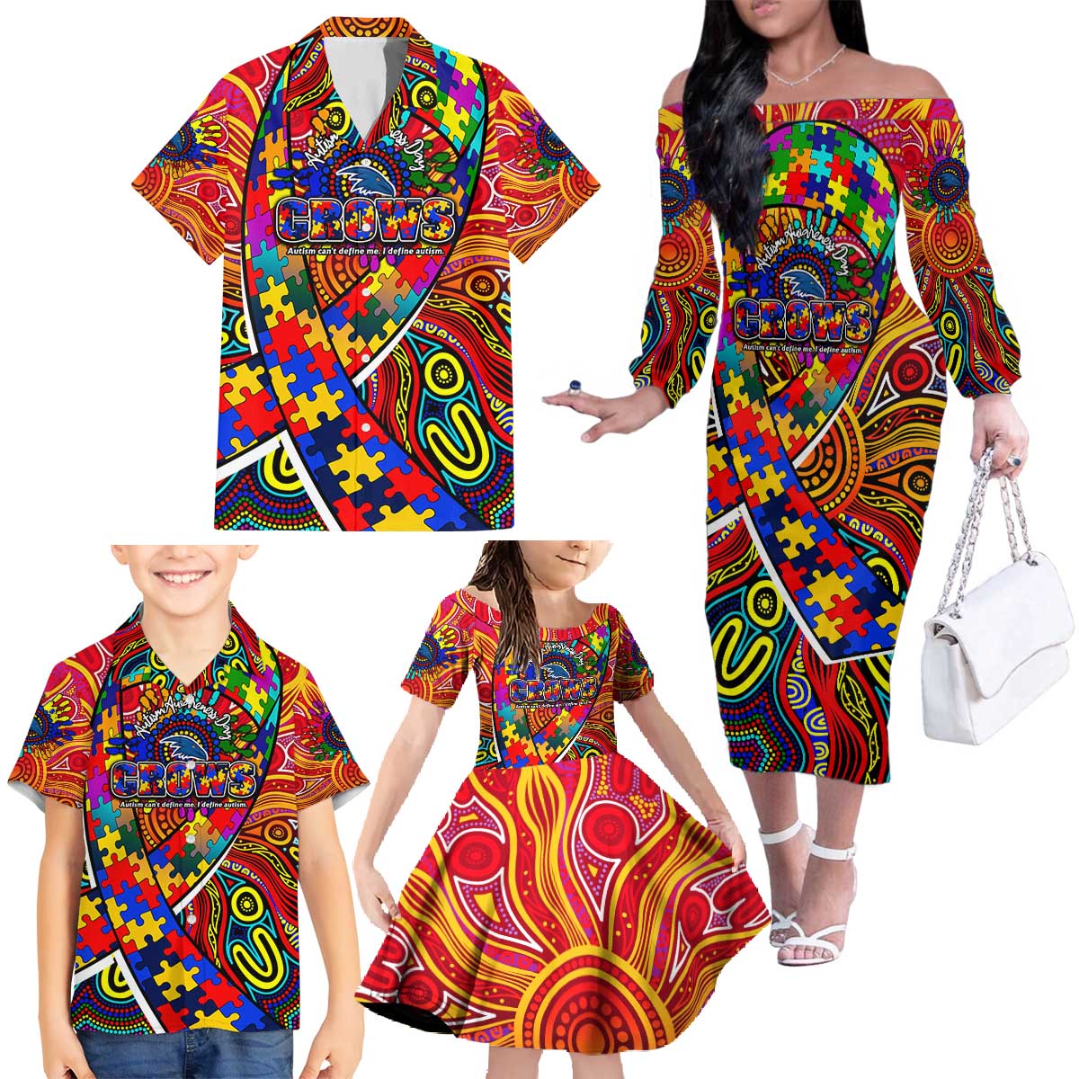 Autism Awareness Australia Adelaide Crows Family Matching Off The Shoulder Long Sleeve Dress and Hawaiian Shirt Aboriginal Indigenous Art