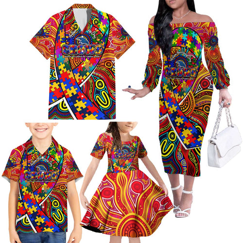 Autism Awareness Australia Adelaide Crows Family Matching Off The Shoulder Long Sleeve Dress and Hawaiian Shirt Aboriginal Indigenous Art