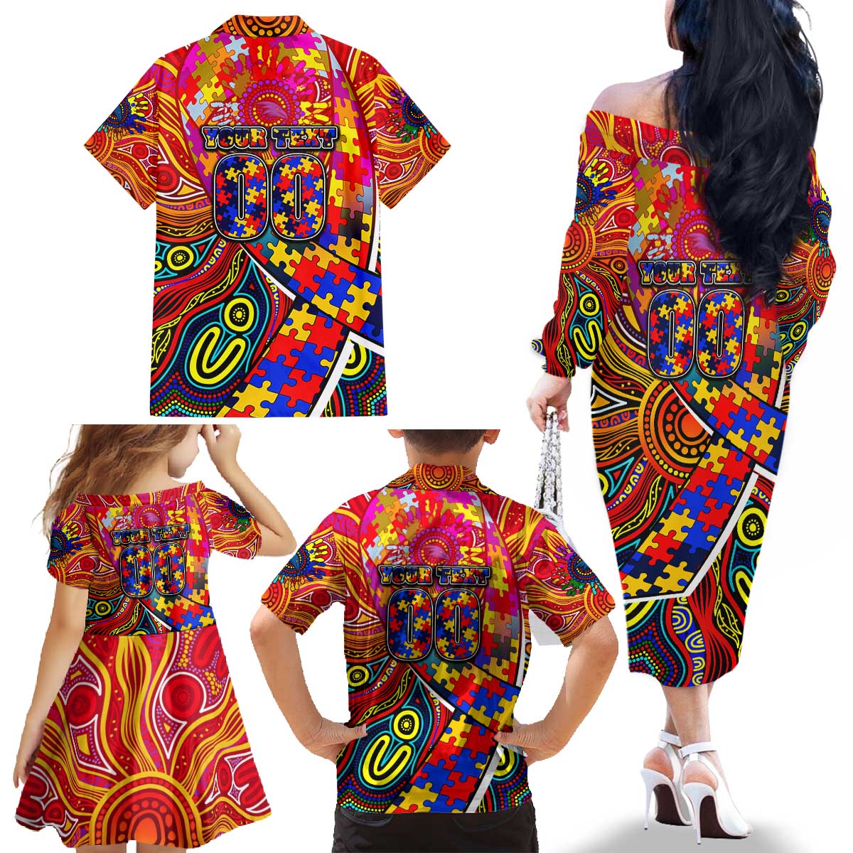 Autism Awareness Australia Adelaide Crows Family Matching Off The Shoulder Long Sleeve Dress and Hawaiian Shirt Aboriginal Indigenous Art
