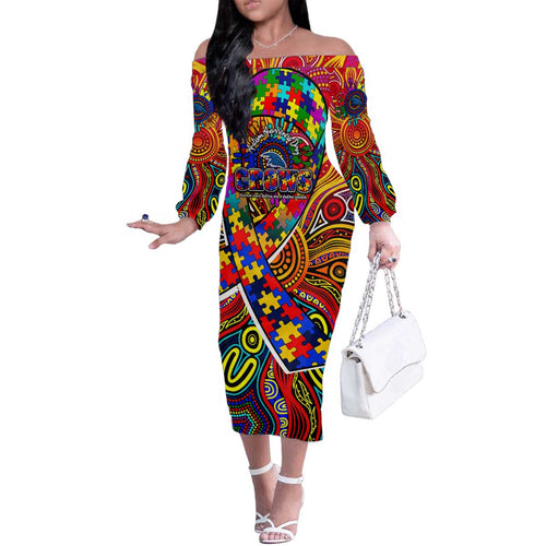 Autism Awareness Australia Adelaide Crows Family Matching Off The Shoulder Long Sleeve Dress and Hawaiian Shirt Aboriginal Indigenous Art