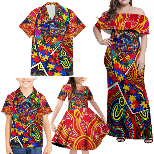 Autism Awareness Australia Adelaide Crows Family Matching Off Shoulder Maxi Dress and Hawaiian Shirt Aboriginal Indigenous Art