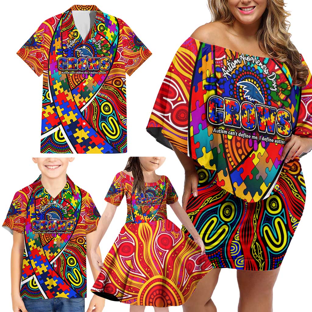 Autism Awareness Australia Adelaide Crows Family Matching Off Shoulder Short Dress and Hawaiian Shirt Aboriginal Indigenous Art