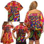 Autism Awareness Australia Adelaide Crows Family Matching Off Shoulder Short Dress and Hawaiian Shirt Aboriginal Indigenous Art