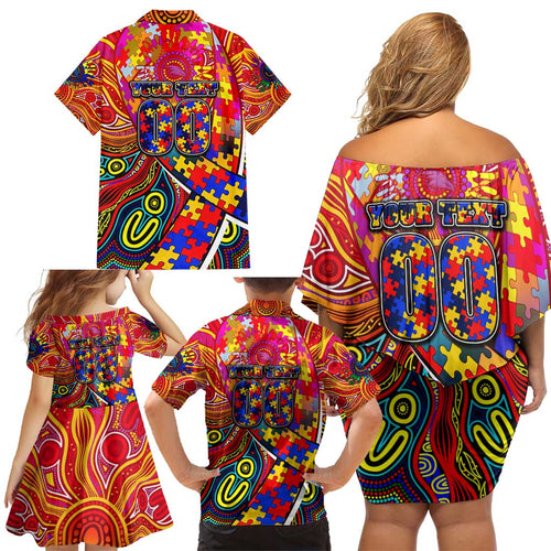 Autism Awareness Australia Adelaide Crows Family Matching Off Shoulder Short Dress and Hawaiian Shirt Aboriginal Indigenous Art