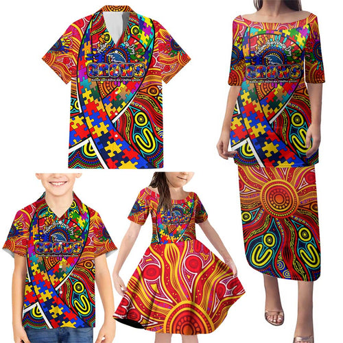 Autism Awareness Australia Adelaide Crows Family Matching Puletasi and Hawaiian Shirt Aboriginal Indigenous Art