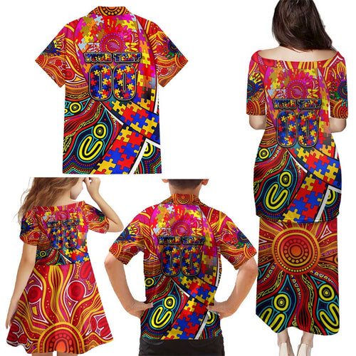 Autism Awareness Australia Adelaide Crows Family Matching Puletasi and Hawaiian Shirt Aboriginal Indigenous Art