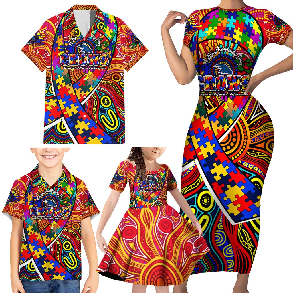 Autism Awareness Australia Adelaide Crows Family Matching Short Sleeve Bodycon Dress and Hawaiian Shirt Aboriginal Indigenous Art