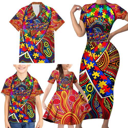 Autism Awareness Australia Adelaide Crows Family Matching Short Sleeve Bodycon Dress and Hawaiian Shirt Aboriginal Indigenous Art