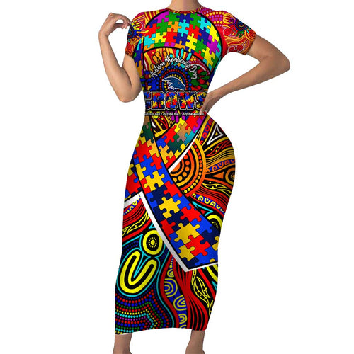 Autism Awareness Australia Adelaide Crows Family Matching Short Sleeve Bodycon Dress and Hawaiian Shirt Aboriginal Indigenous Art