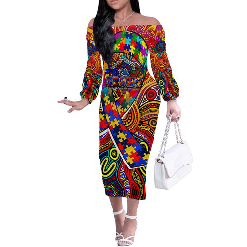 Autism Awareness Australia Adelaide Crows Off The Shoulder Long Sleeve Dress Aboriginal Indigenous Art