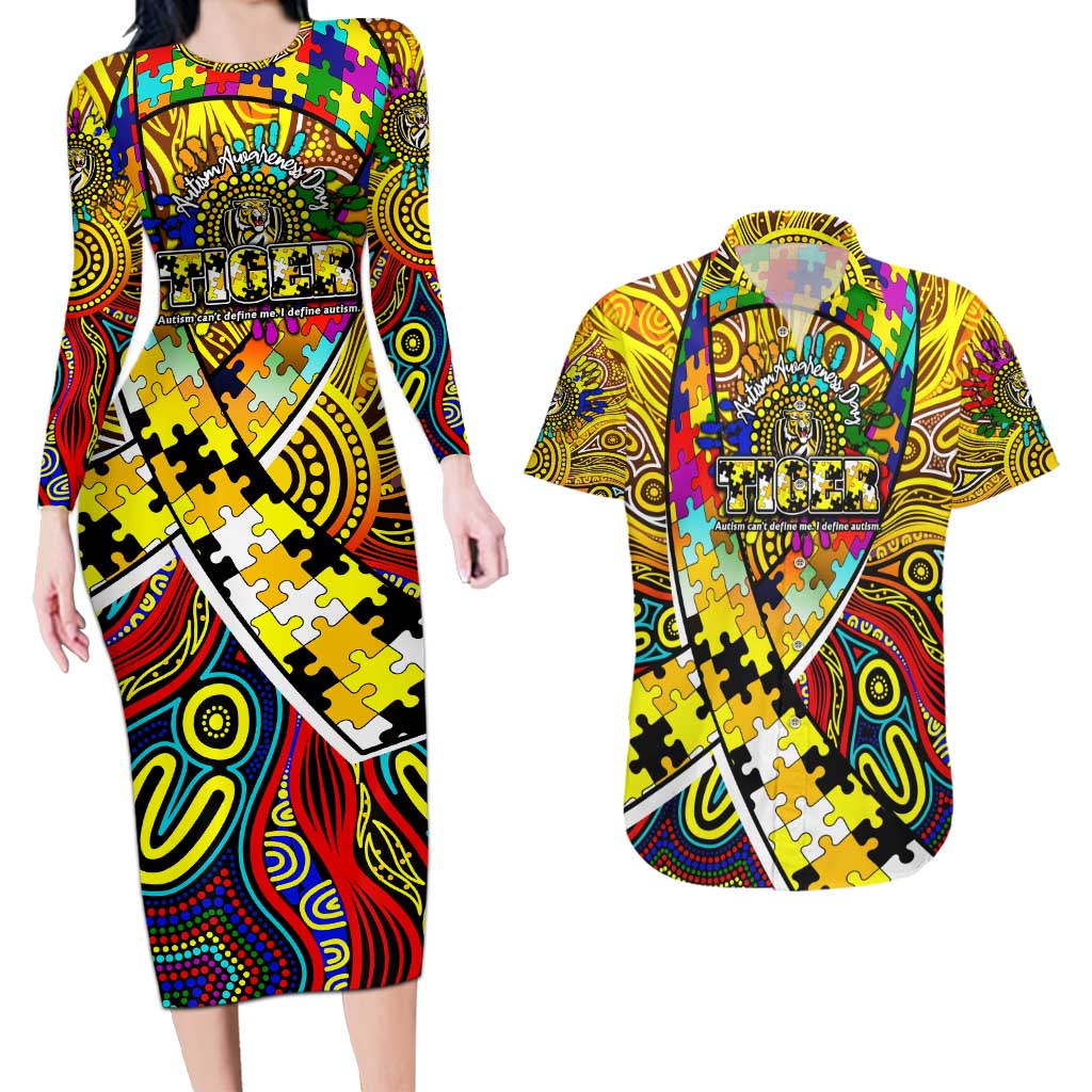 Autism Awareness Australia Richmond Tiger Couples Matching Long Sleeve Bodycon Dress and Hawaiian Shirt Aboriginal Indigenous Art